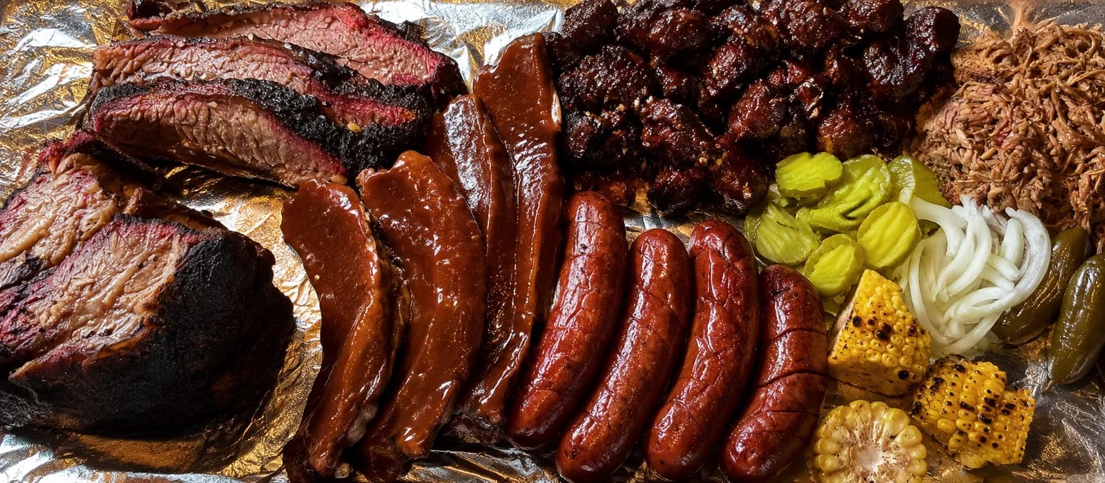 Sampler de carnes ahumadas de Meat Lovers con brisket, costillas y acompañamientos
