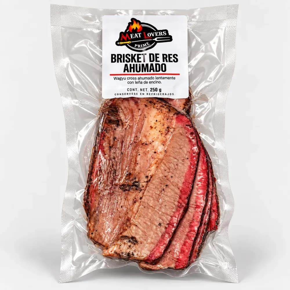 Brisket Wagyu Cross ahumado de Meat Lovers empacado al vacío, presentación de 250 g